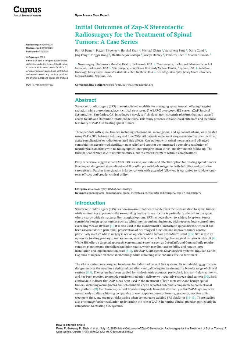 Initial Outcomes of Zap-X Stereotactic Radiosurgery for Spinal Tumors