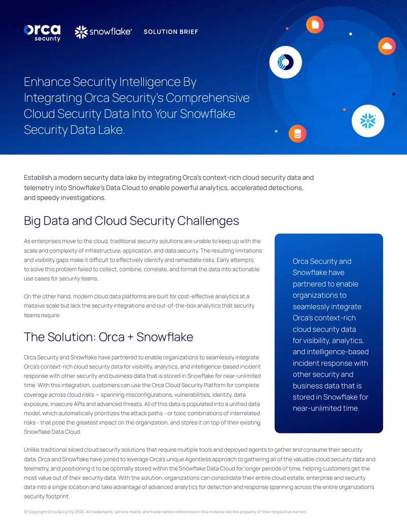 Integration of Orca Security with Snowflake Data Cloud