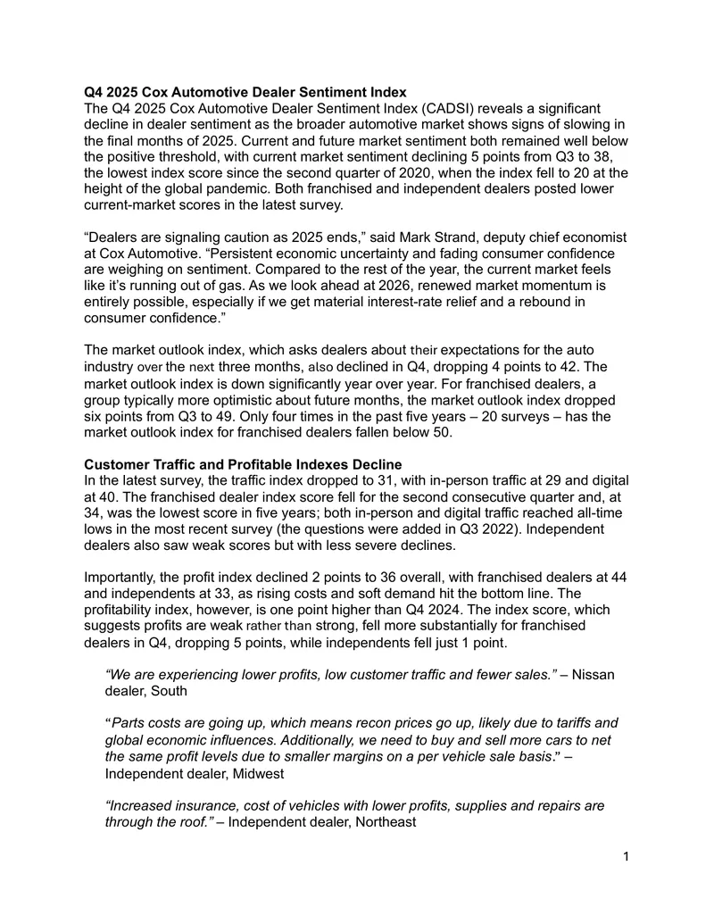 Q4 2025 Cox Automotive Dealer Sentiment Index Report