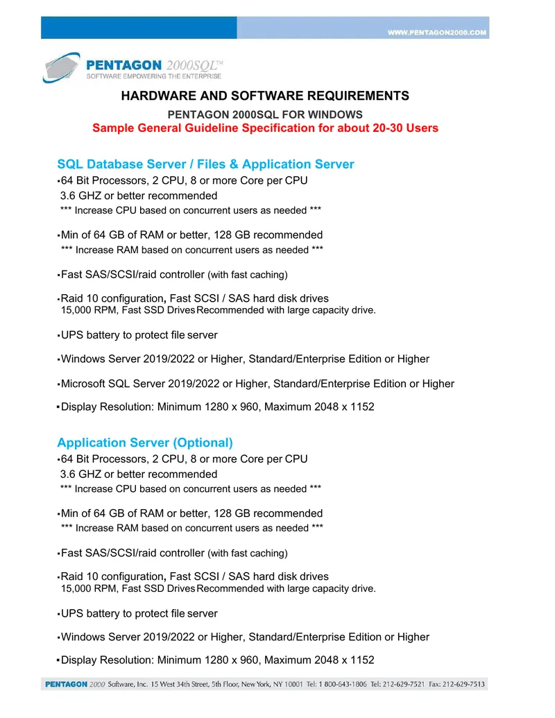 Hardware and Software Requirements for Pentagon 2000SQL
