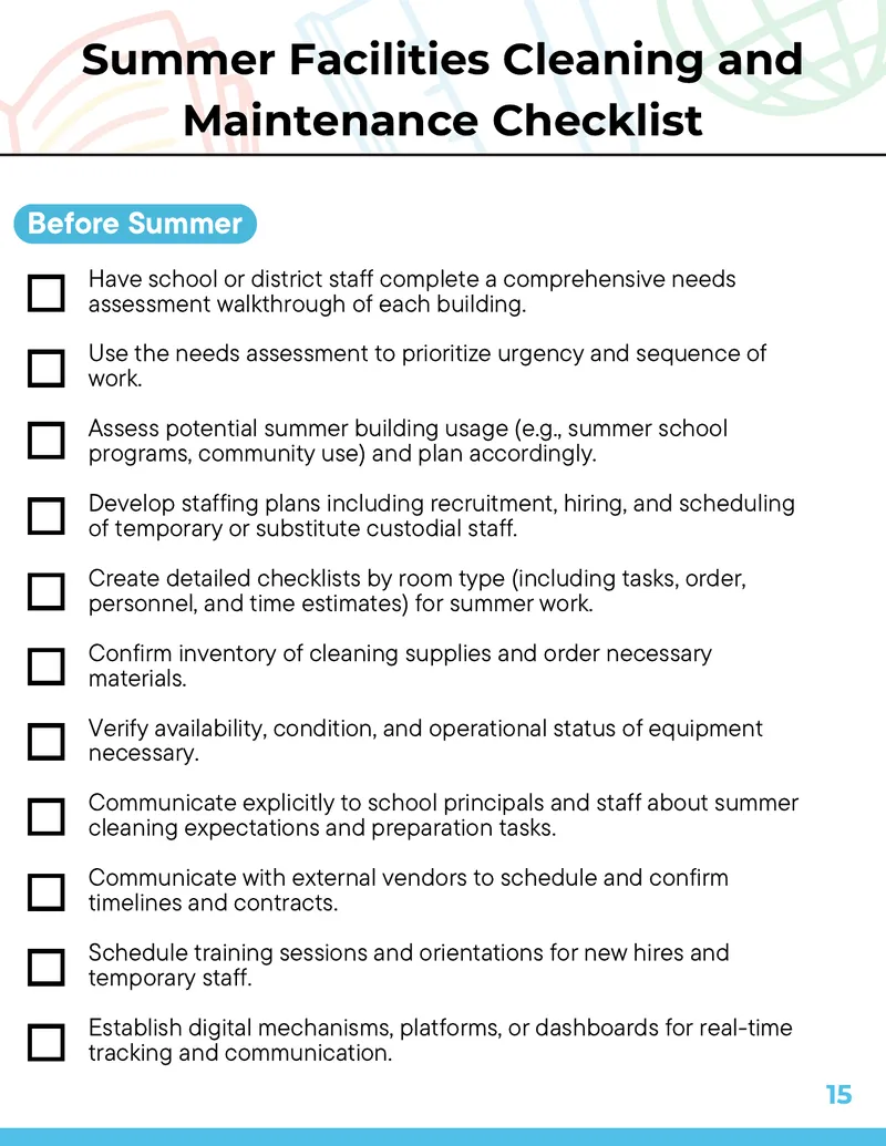 Summer Facilities Cleaning and Maintenance Checklist