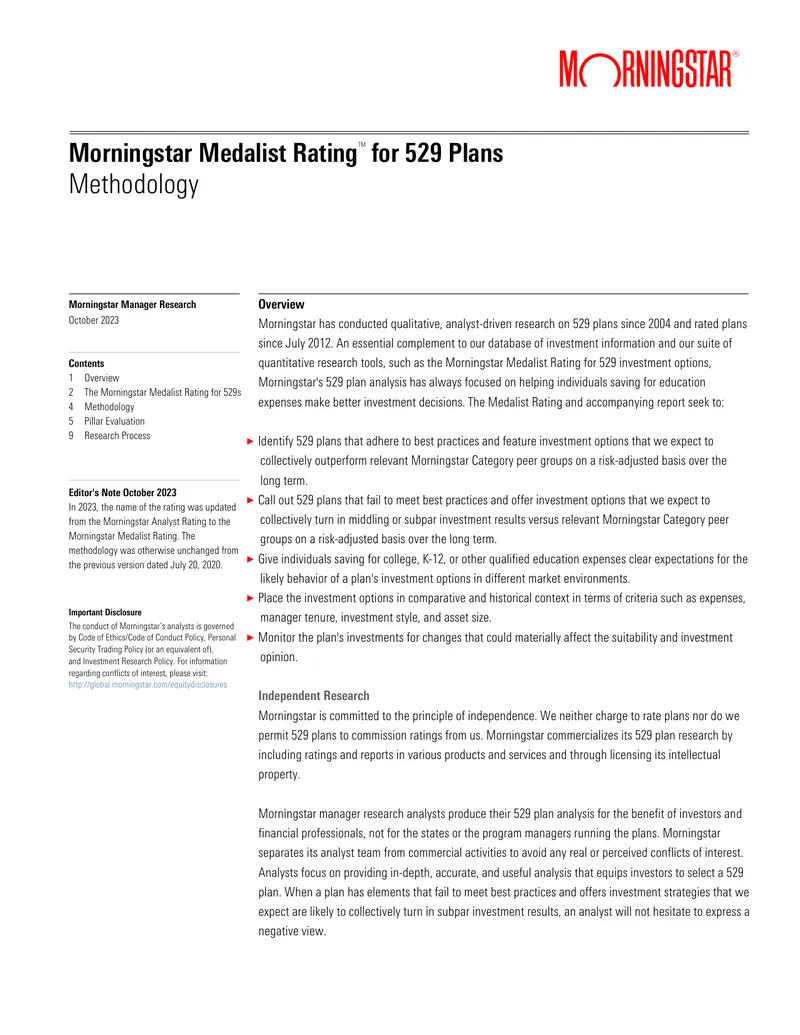 Morningstar Medalist Rating Methodology for 529 Plans