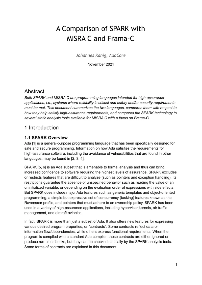 Comparison of SPARK and MISRA C Programming Languages