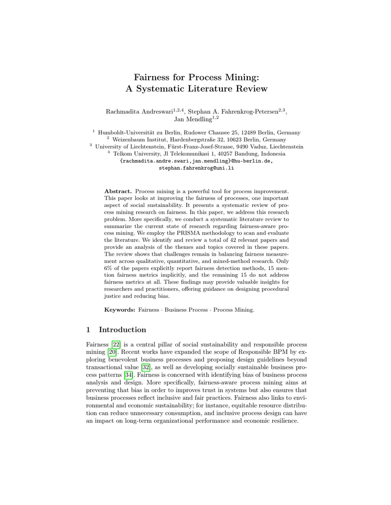 Fairness in Process Mining Literature Review