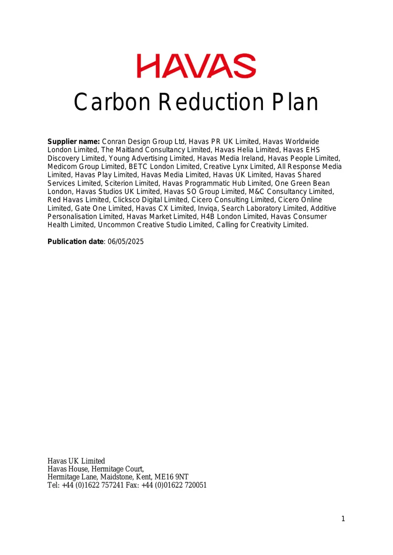 Carbon Reduction Plan for Havas UK Limited