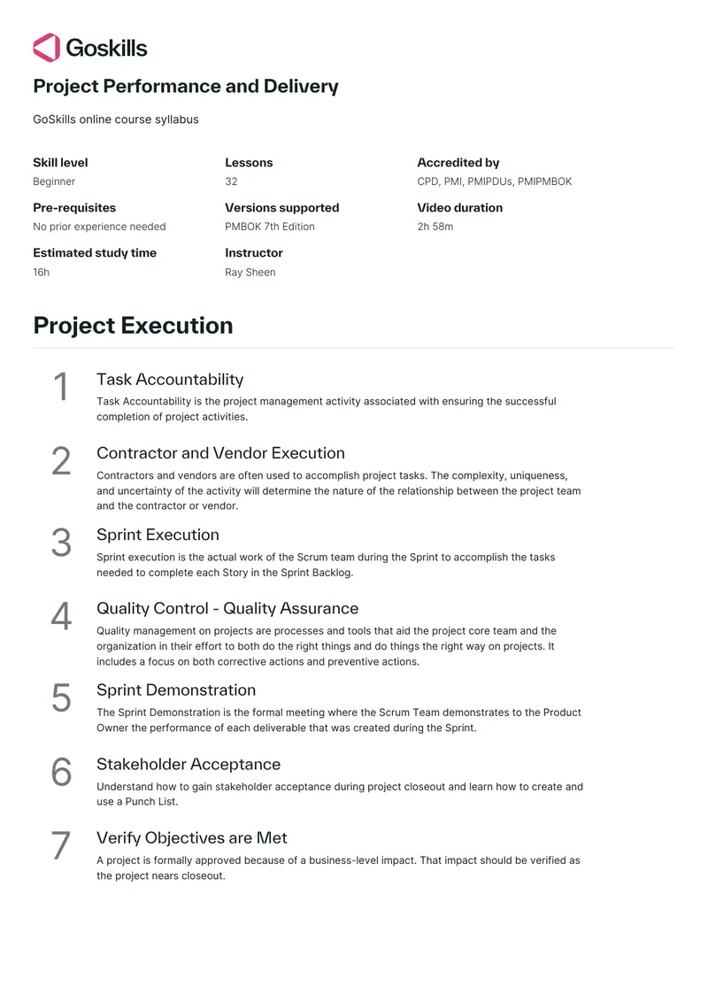 Project Performance and Delivery Course Syllabus