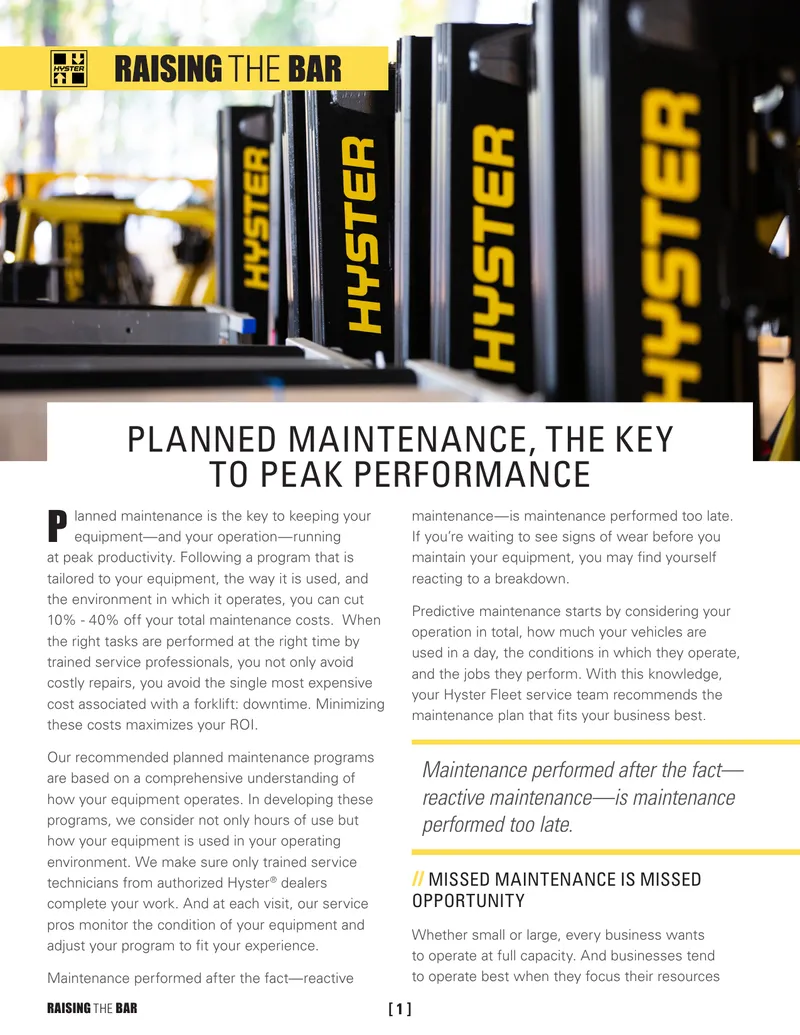 Hyster Fleet Planned Maintenance Program Overview