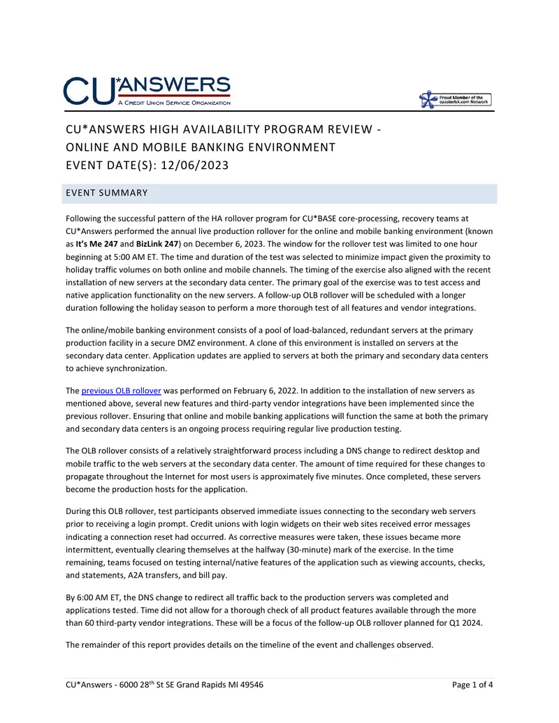 CU*Answers High Availability Program Review