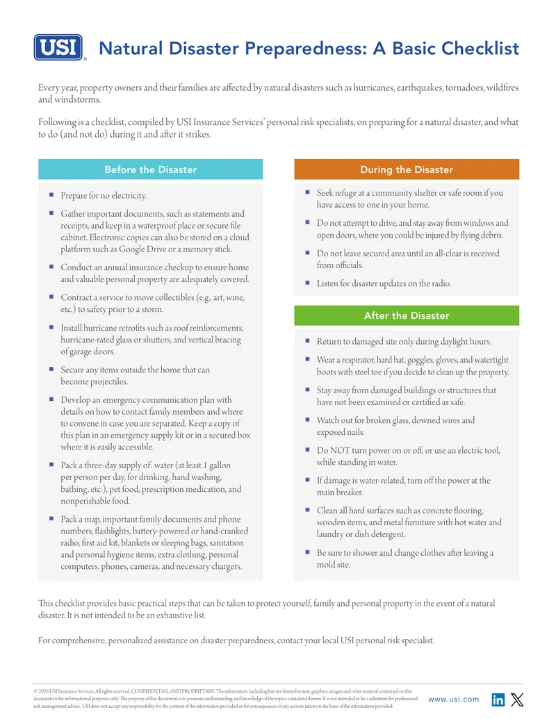 Natural Disaster Preparedness Basic Checklist