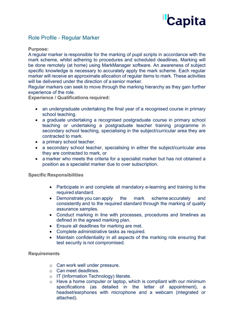 Role Profile for Regular Marker Position
