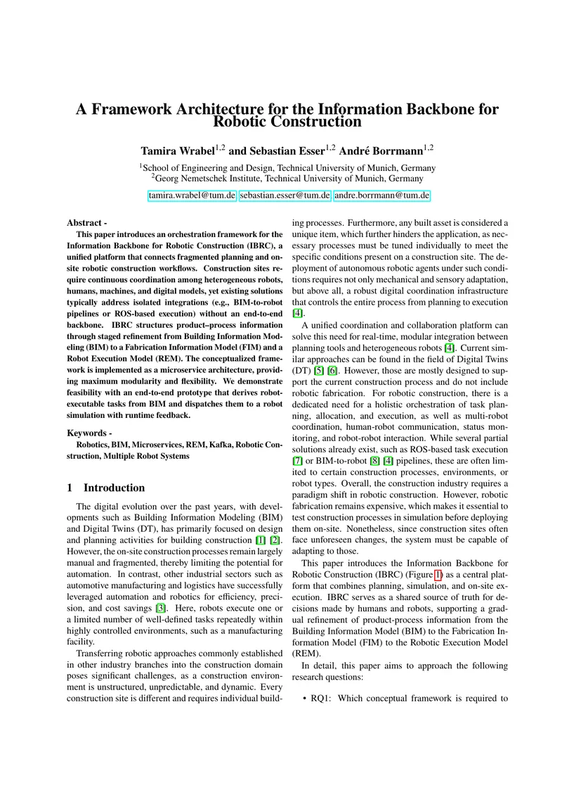 Framework Architecture for Robotic Construction Information Backbone