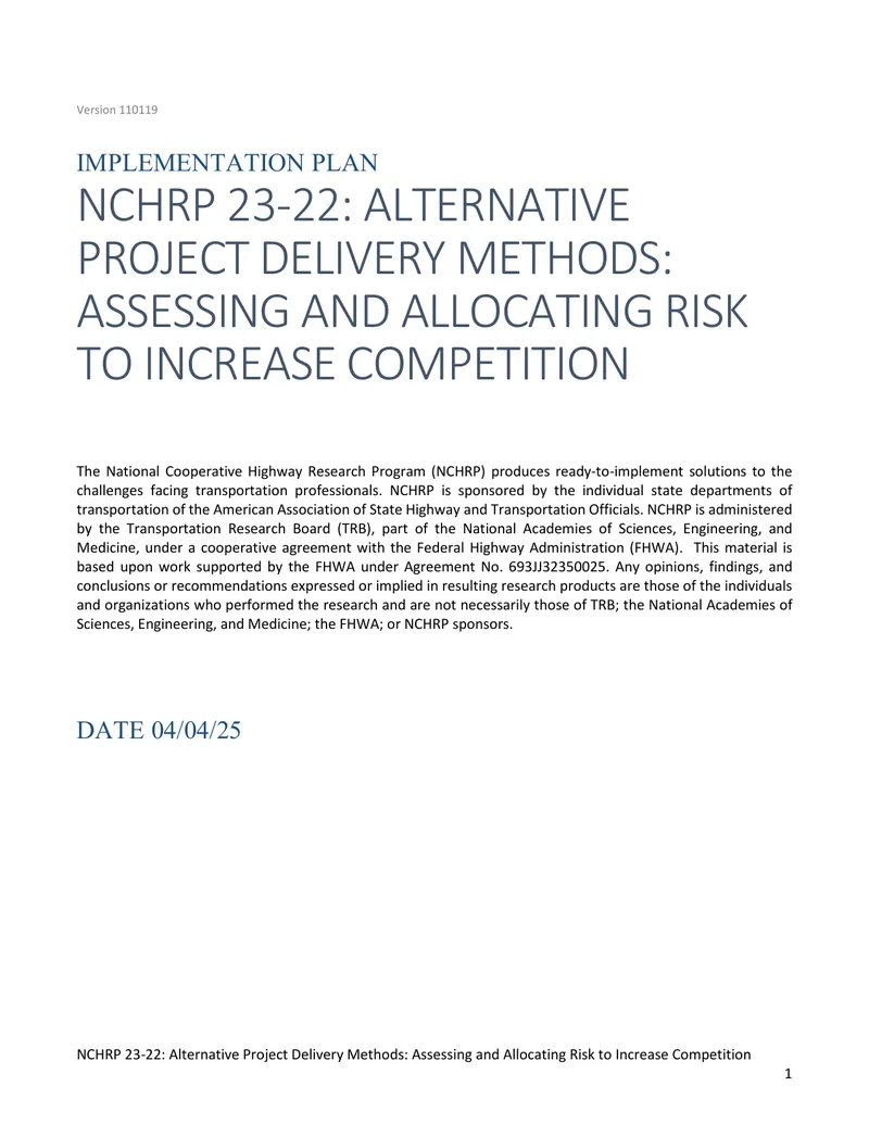 Implementation Plan for Alternative Project Delivery Methods