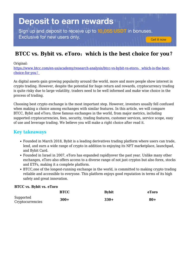 Comparison of BTCC, Bybit, and eToro Exchanges