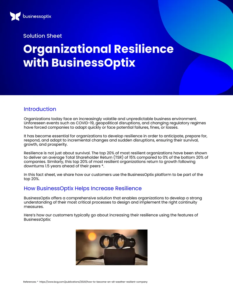 Organizational Resilience with BusinessOptix Solution Sheet