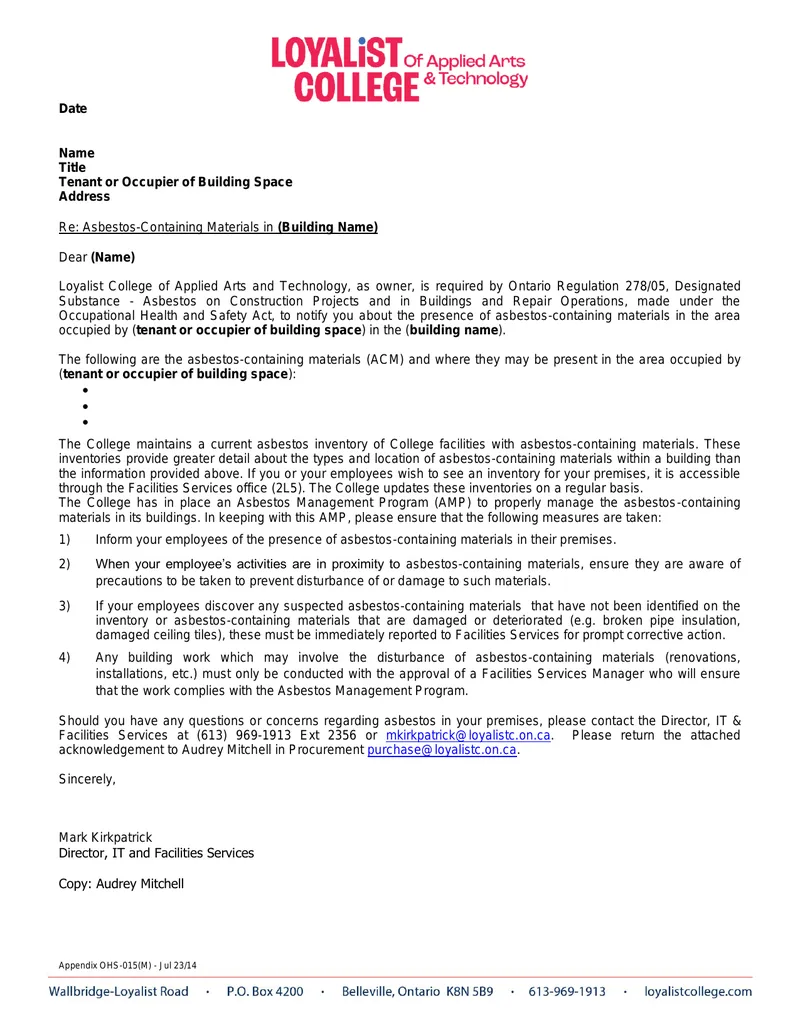 Asbestos Management Notification for Tenants