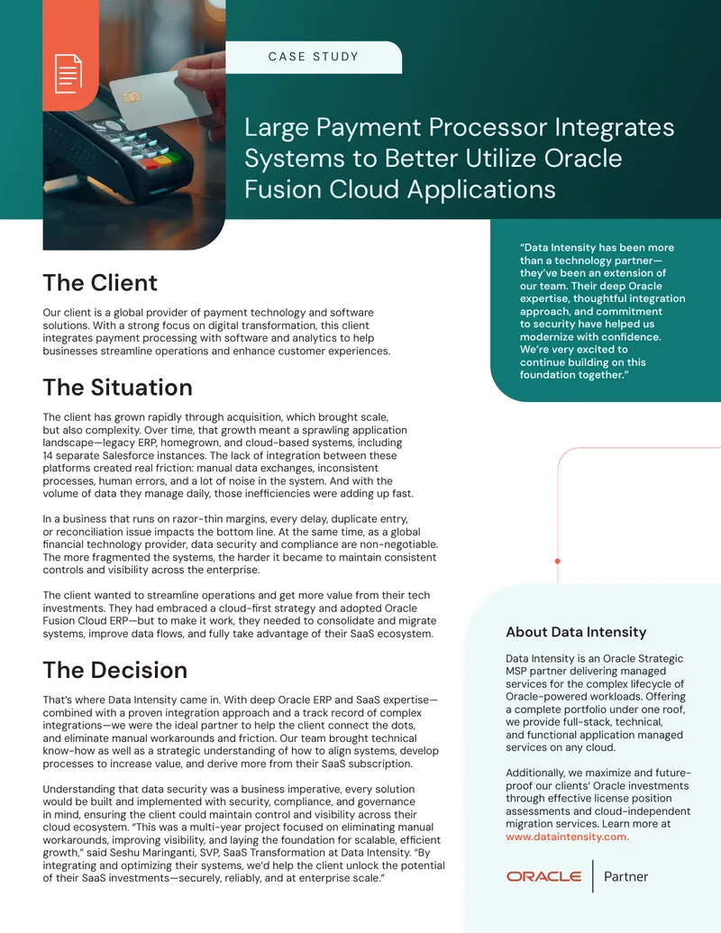 Large Payment Processor Integrates Systems for Oracle Fusion Cloud