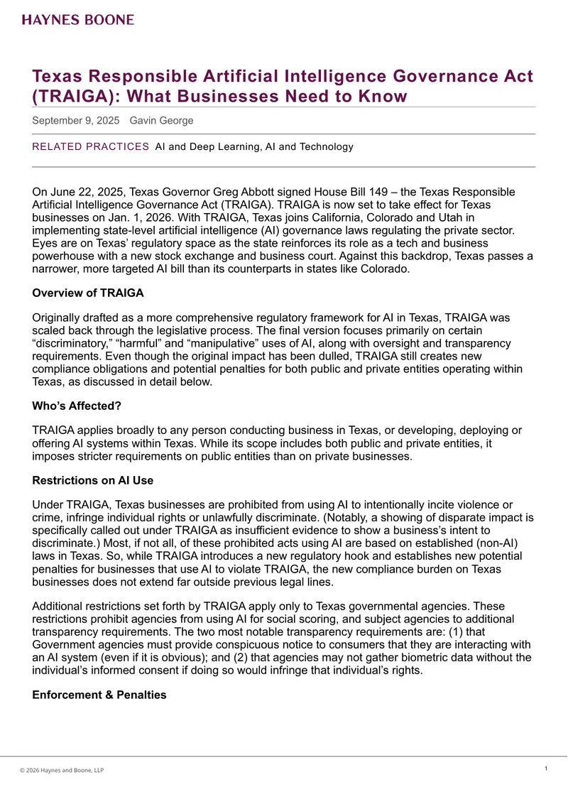 Texas Responsible Artificial Intelligence Governance Act Overview