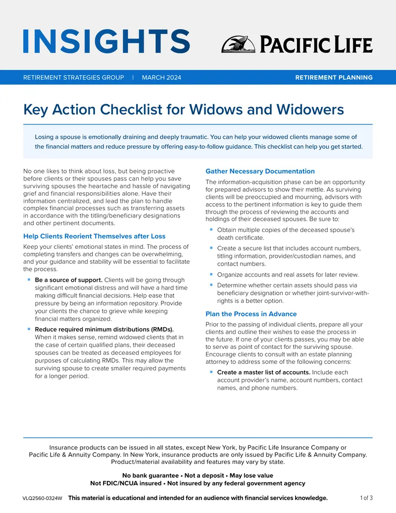 Key Action Checklist for Widows and Widowers