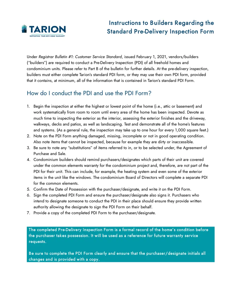 Instructions for Standard Pre-Delivery Inspection Form