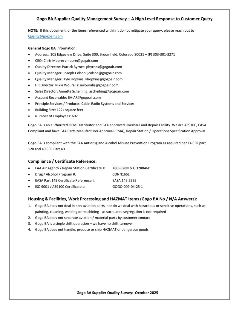 Gogo BA Supplier Quality Management Survey Response