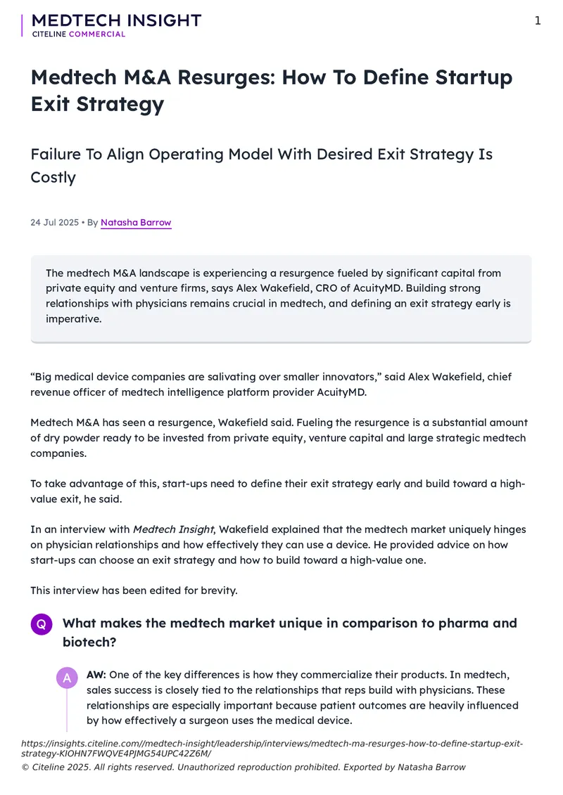 Medtech M&A Resurgence and Startup Exit Strategies