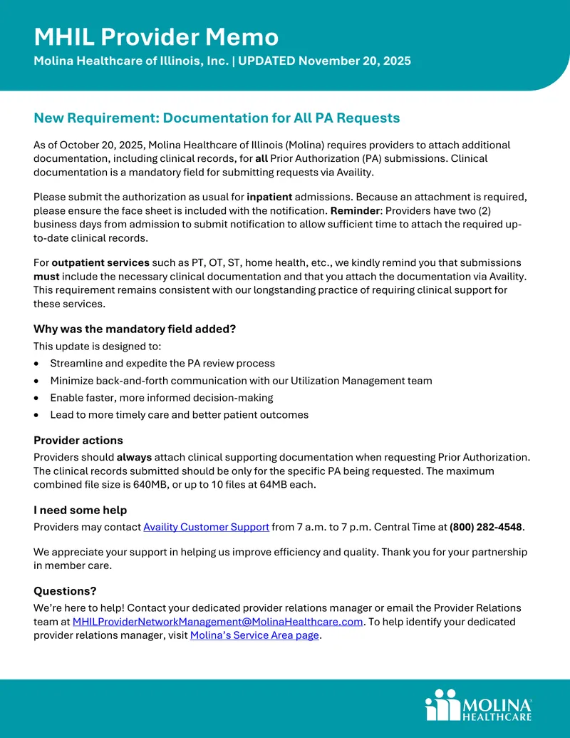 Molina Healthcare Prior Authorization Documentation Requirements