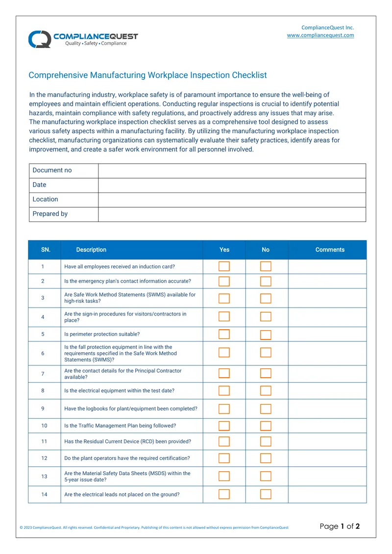 Comprehensive Manufacturing Workplace Inspection Checklist