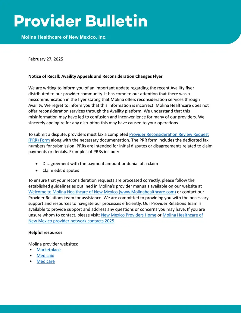 Provider Bulletin on Availity Appeals Changes