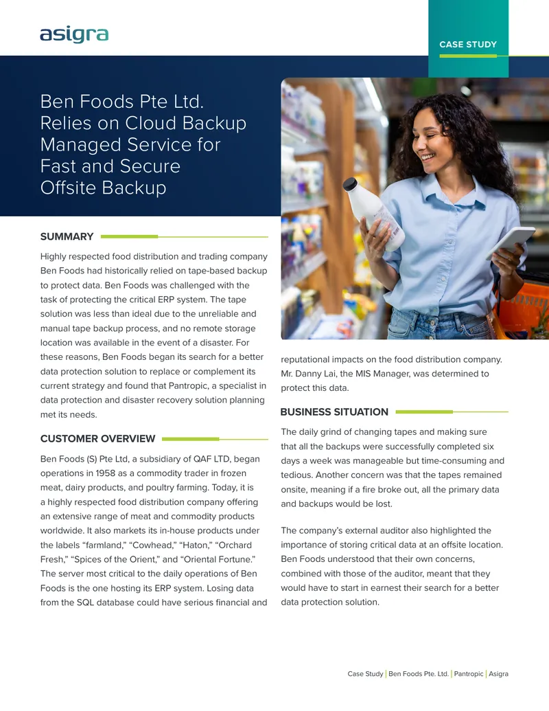Ben Foods Pte Ltd Cloud Backup Case Study