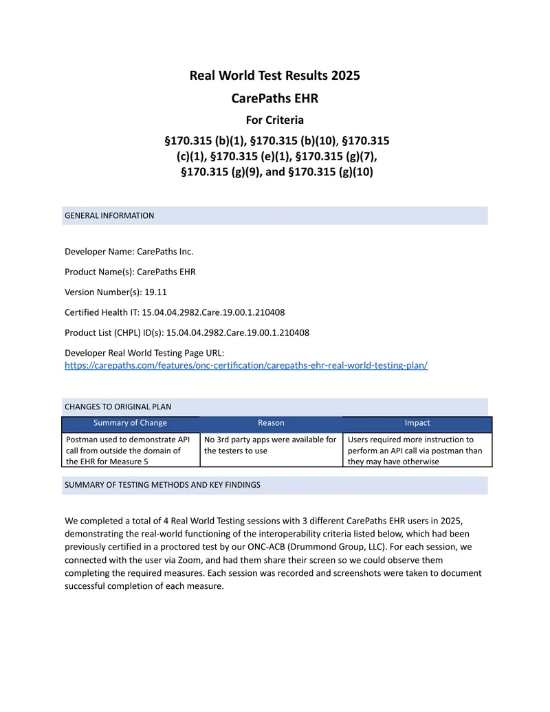 Real World Testing Results for CarePaths EHR