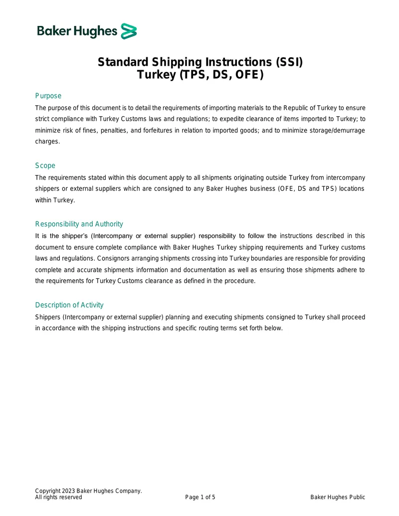 Standard Shipping Instructions for Turkey
