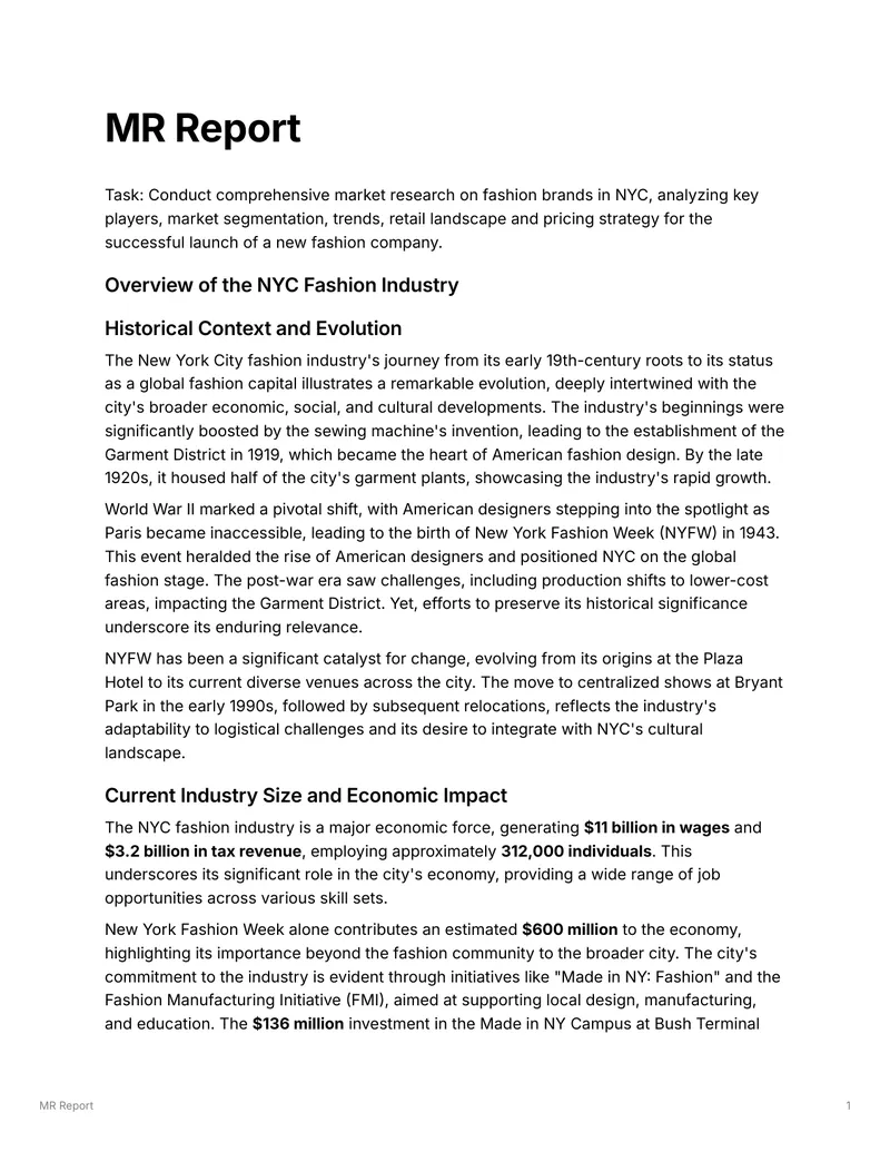 Market Research Report on NYC Fashion Industry
