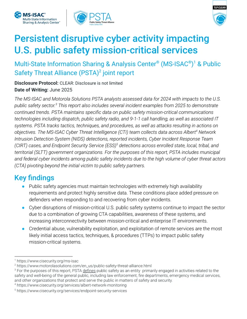 Cyber Threats Impacting U.S. Public Safety Systems