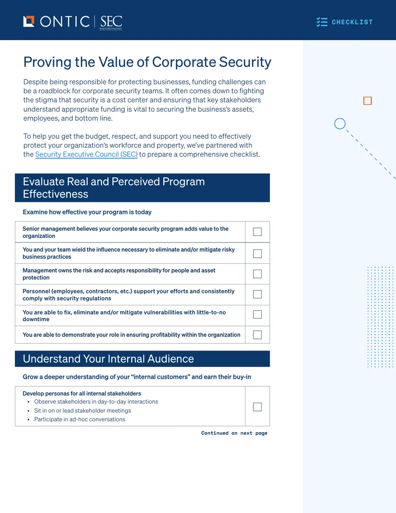 Checklist for Proving the Value of Corporate Security