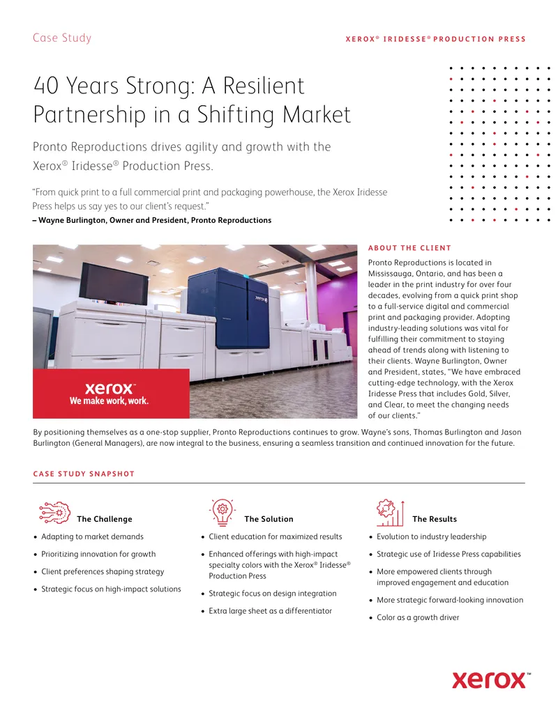 Pronto Reproductions Case Study on Xerox Iridesse Press
