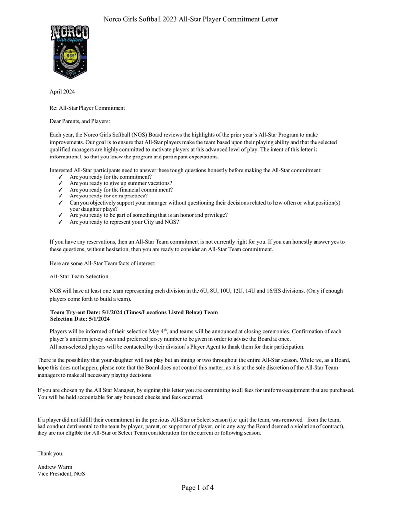 Norco Girls Softball All-Star Player Commitment Letter