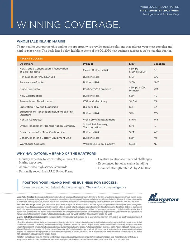 Wholesale Inland Marine First Quarter 2024 Wins