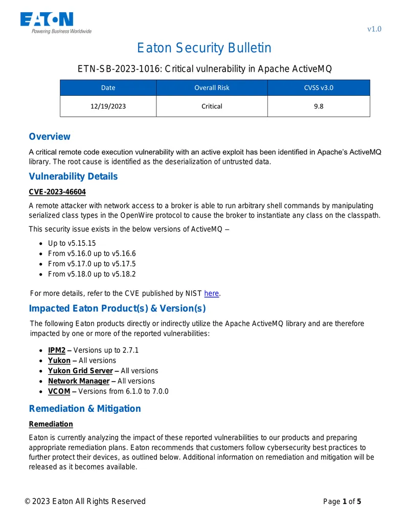Eaton Security Bulletin on Apache ActiveMQ Vulnerability