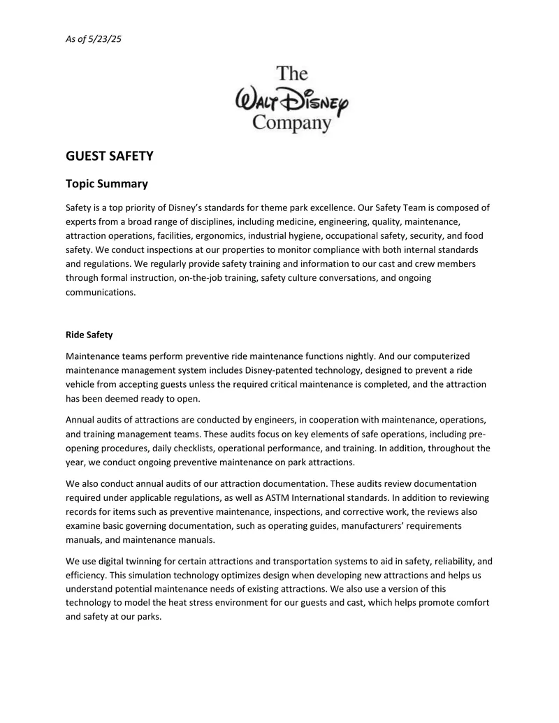 Disney Guest Safety Standards and Practices