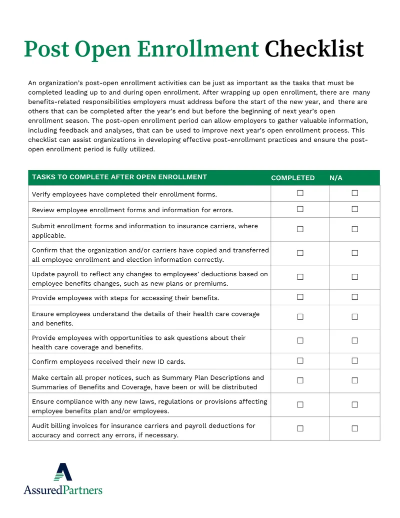 Post Open Enrollment Checklist for Organizations
