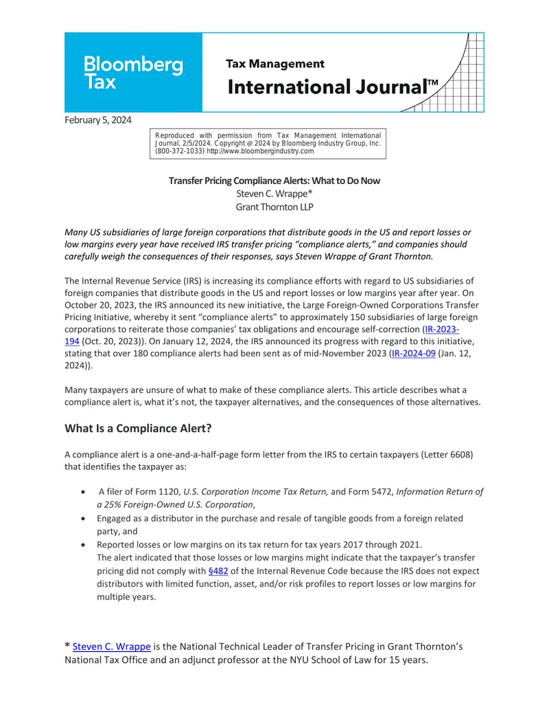 Transfer Pricing Compliance Alerts Guidance