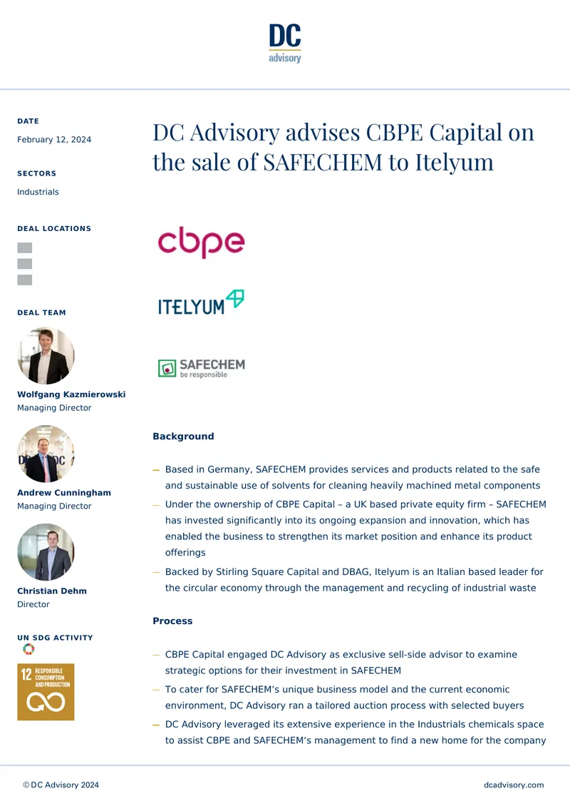 Advisory Report on SAFECHEM Sale to Itelyum