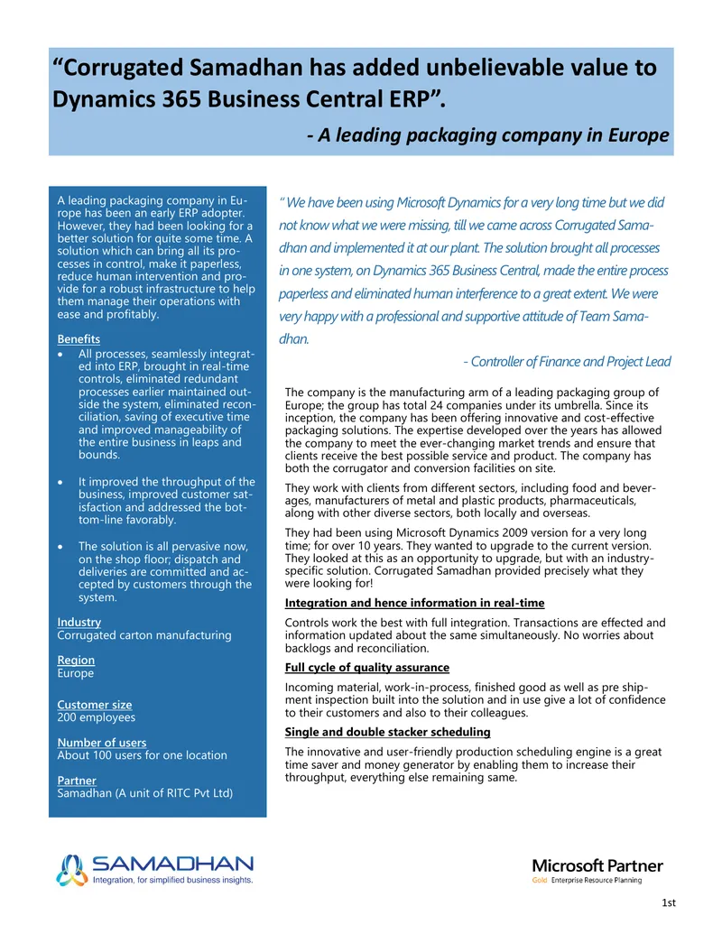 Corrugated Samadhan ERP Implementation Case Study