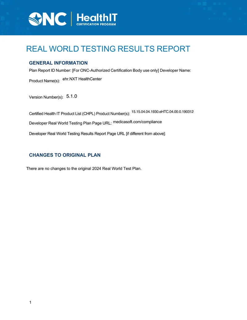 Real World Testing Results Report for HealthCenter