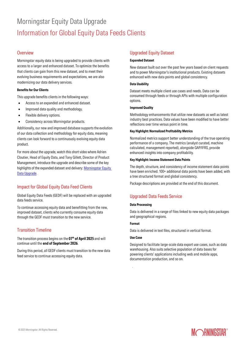 Morningstar Equity Data Upgrade Information