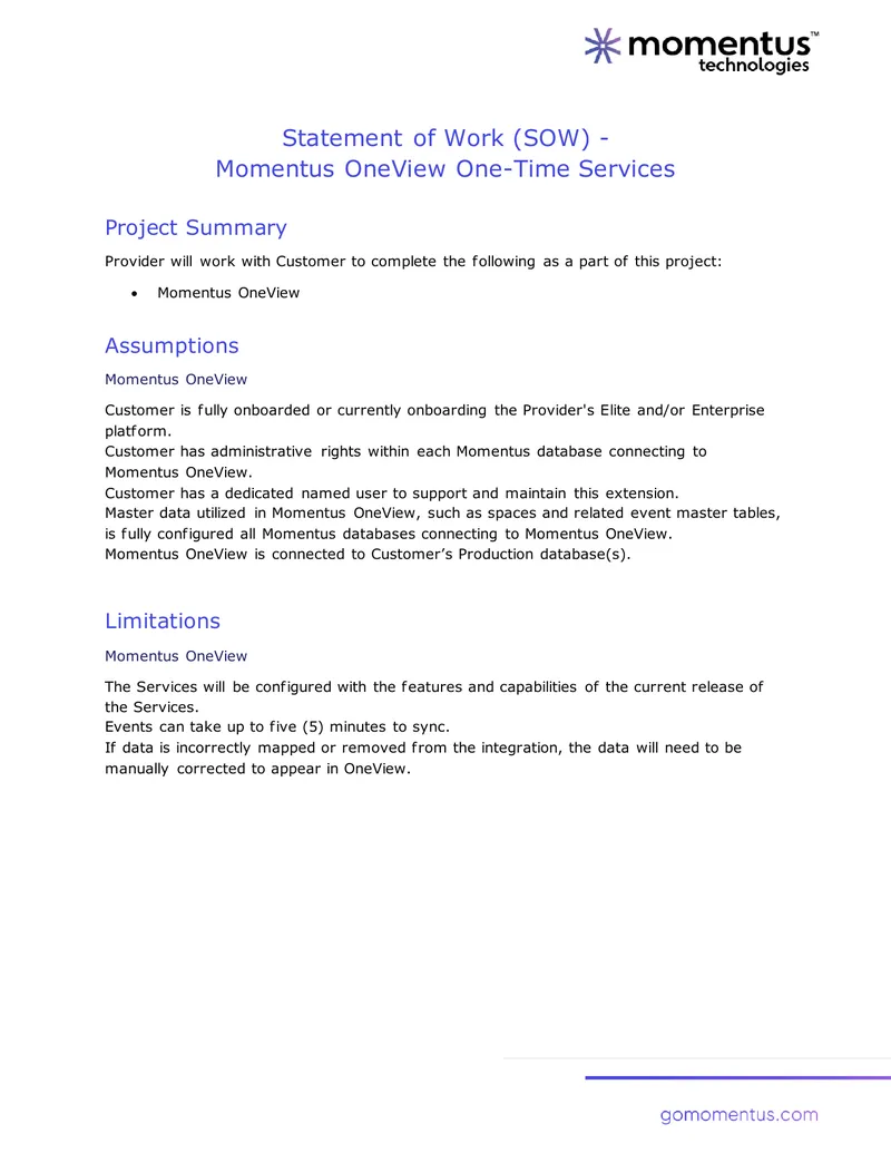 Statement of Work for Momentus OneView Services