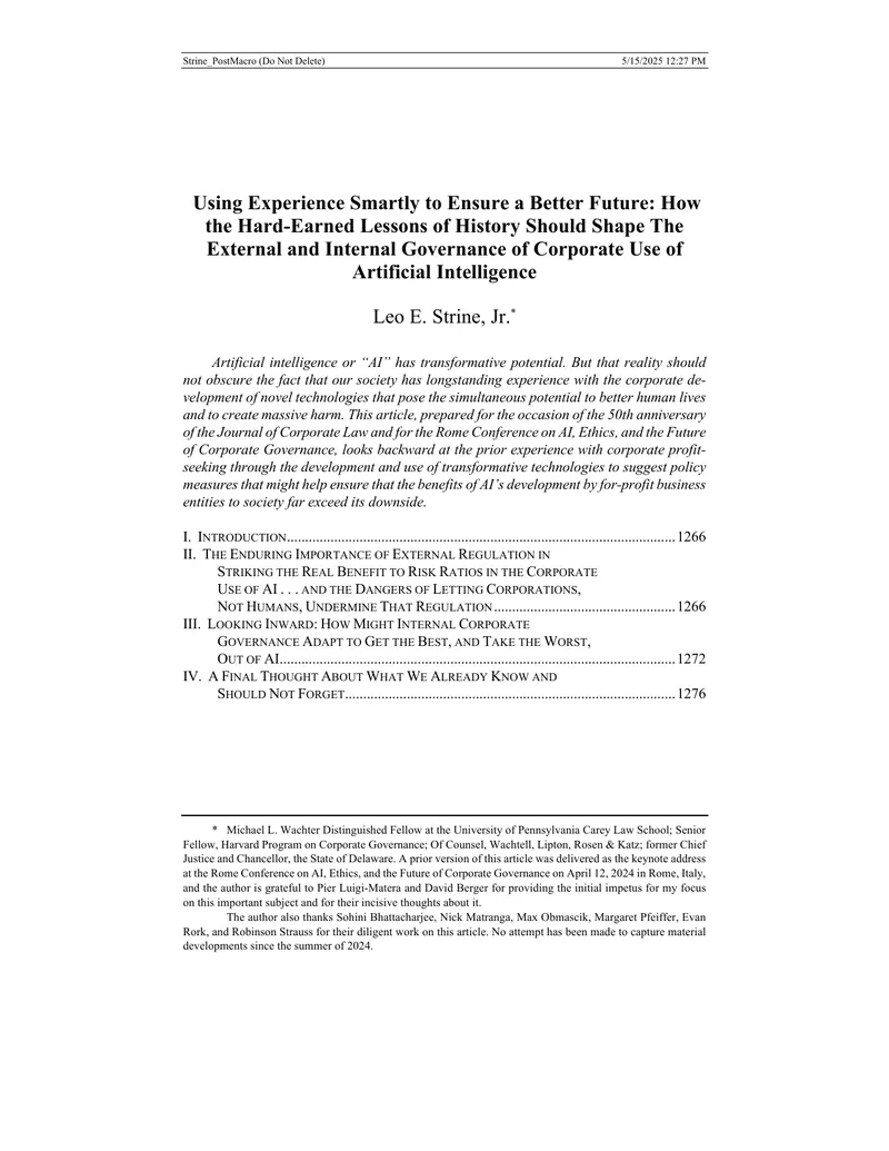 Governance of Corporate Use of Artificial Intelligence
