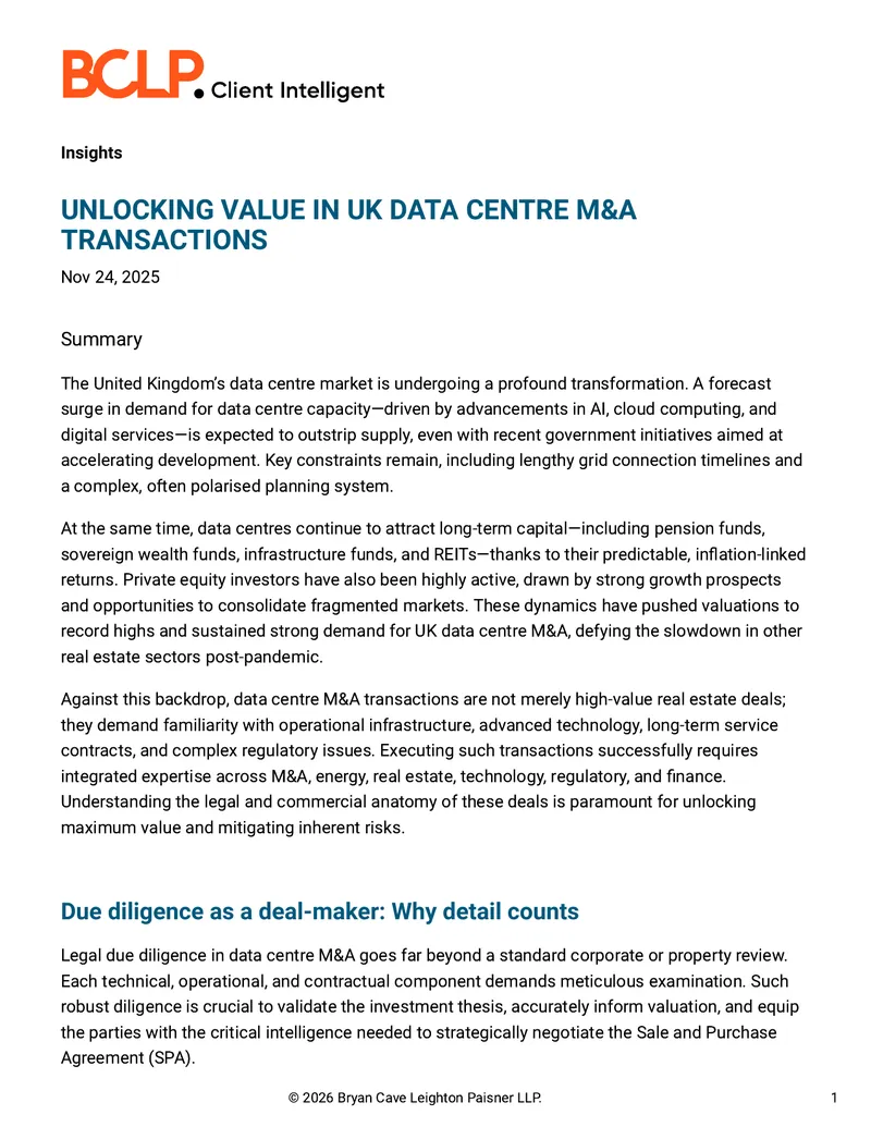 Legal and Operational Considerations in Data Centre M&A