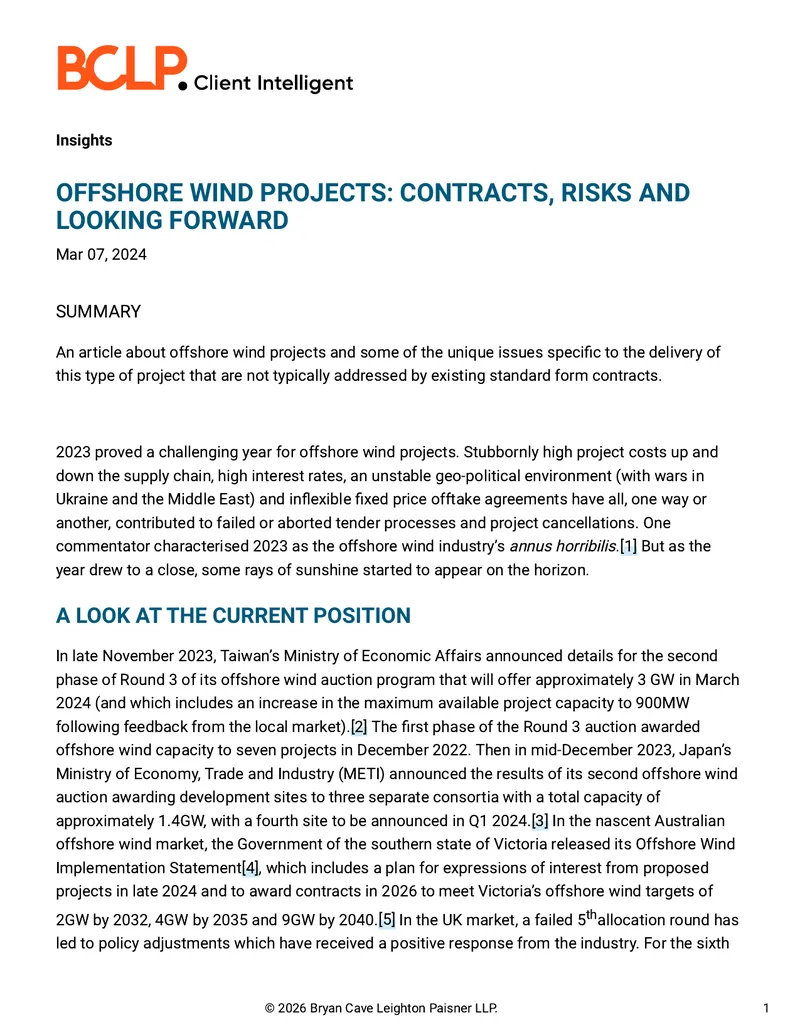 Offshore Wind Projects: Contracts and Risks Overview