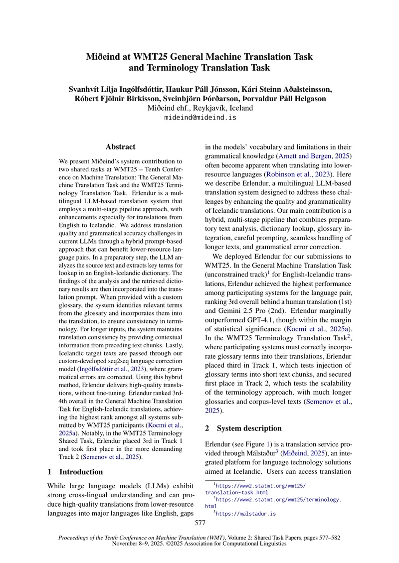 Miðeind's Erlendur System for Machine Translation Tasks